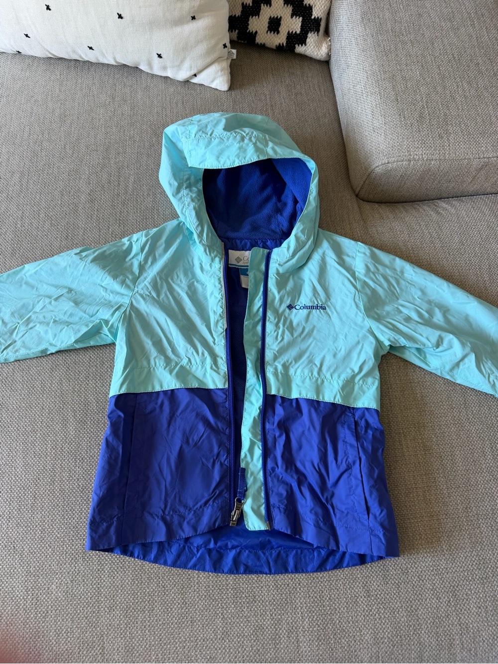 Columbia Kids Light Aqua and Royal Blue Hooded Rain Jacket